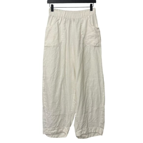 FLAX White Linen Pants Elastic Waist Wide Leg Flowy Lagenlook Pockets Size P - Picture 1 of 9